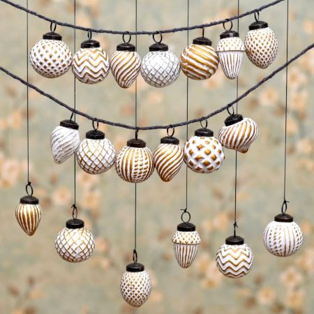 Set of 12 Glass White and Brown Christmas Hanging For Tree Decoration